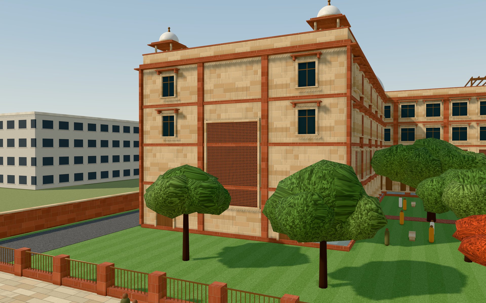 The south end of the west wing with a large red sandstone jaali panel