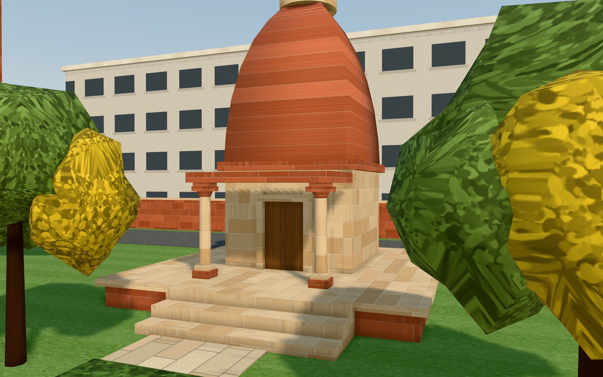 A small Nagara shrine with a red shikhara in the garden