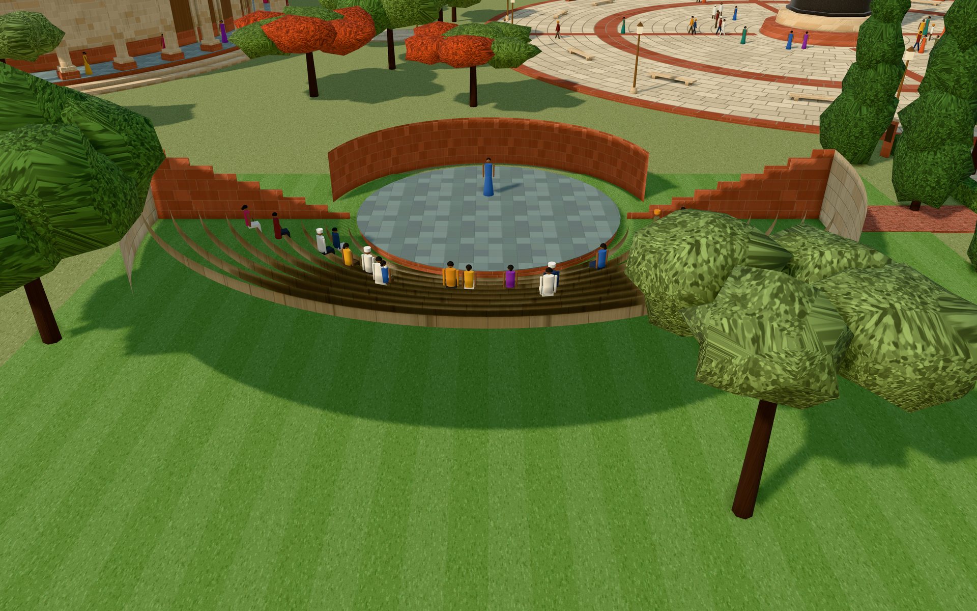 The amphitheatre from above: stone tiers in a half-circle around a paved stage with a curved red backing wall