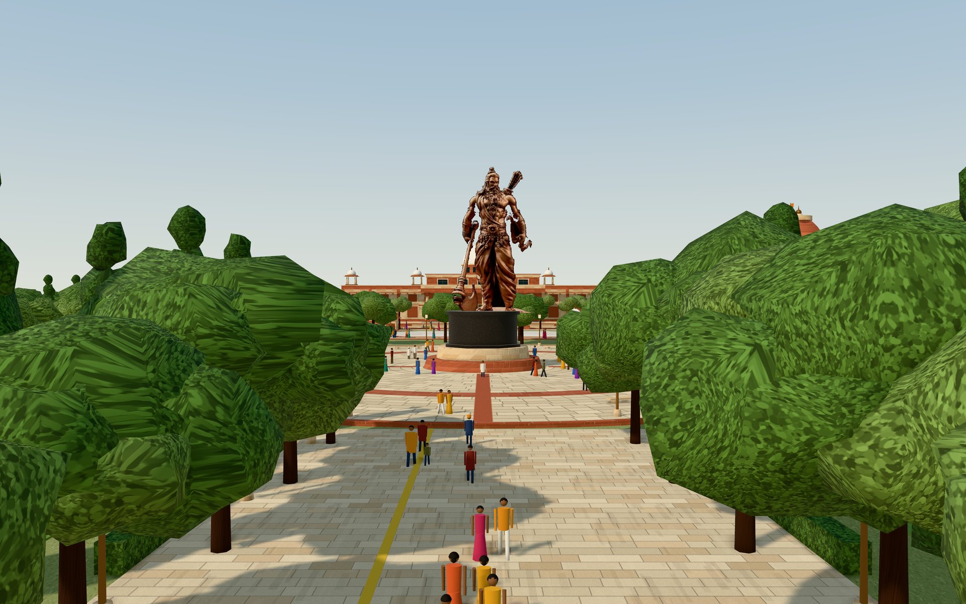 The avenue of columnar ashoka trees leading to the statue