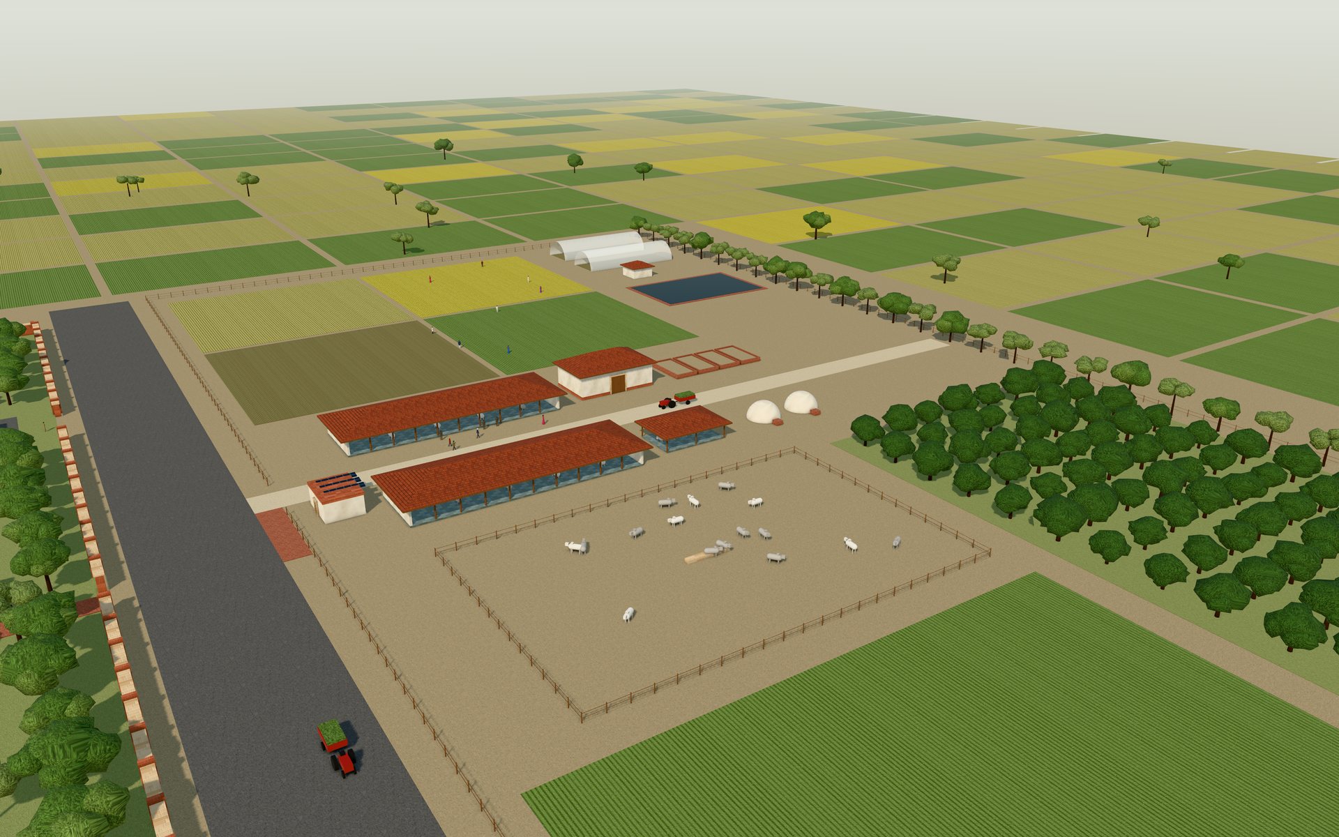 The farm from above: field plots, polyhouses, an orchard and the long open cow sheds of the gaushala