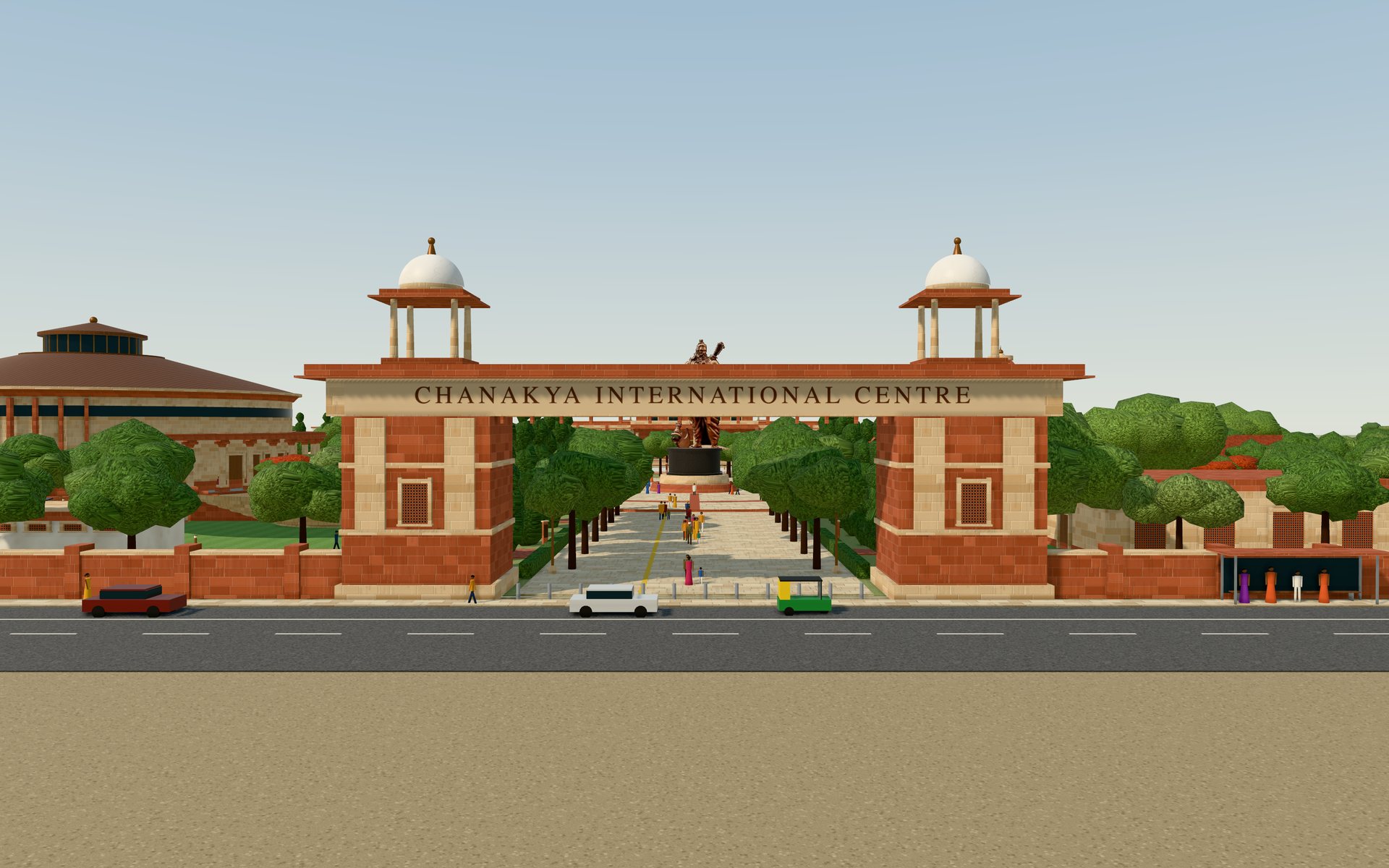 The main gateway: two red sandstone pylons with chhatris and a lintel inscribed Chanakya International Centre