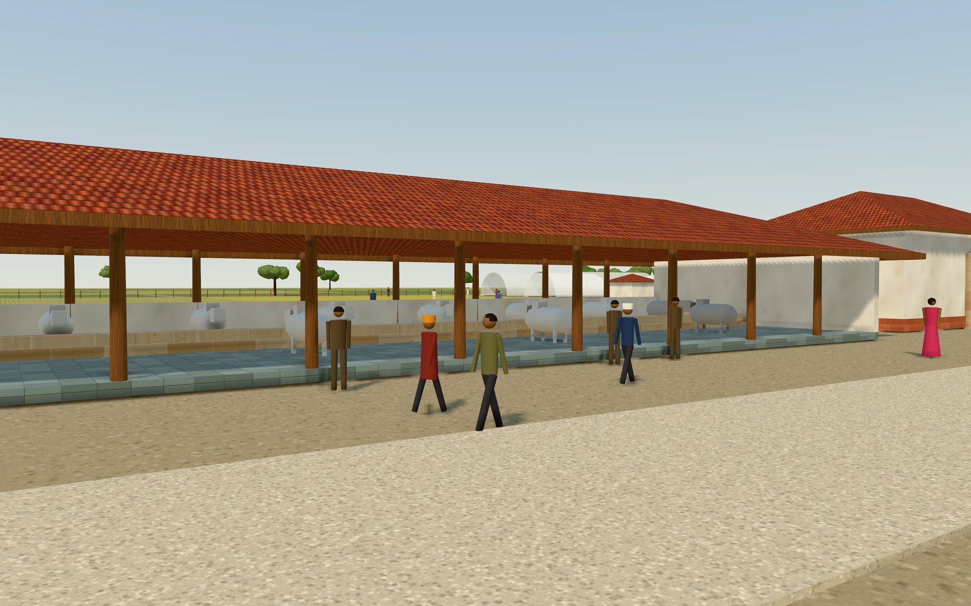 Inside the gaushala yard: open-sided sheds with teak posts and clay-tile roofs