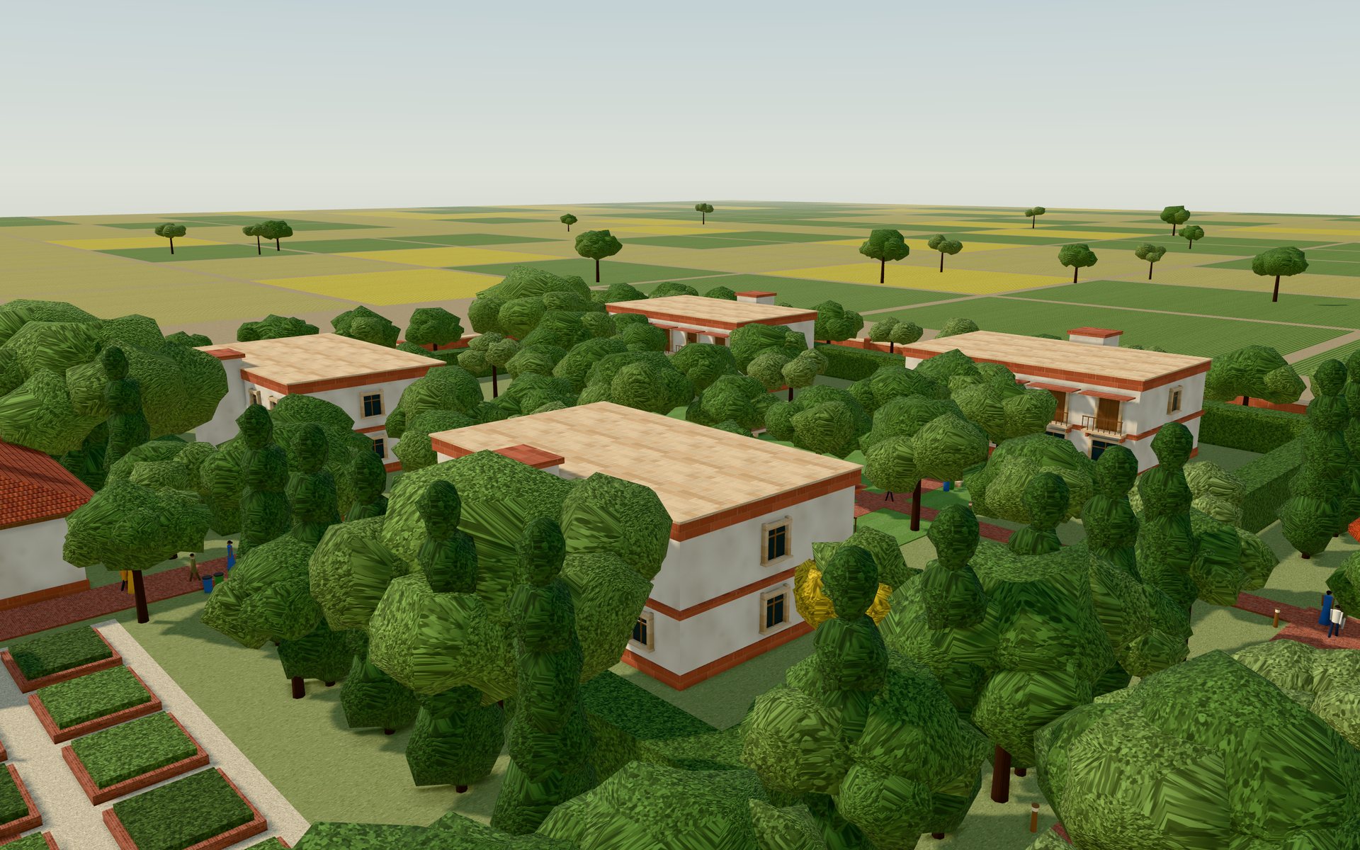 The guest precinct from above: four two-storey blocks screened by a hedge and trees, with rooftop solar