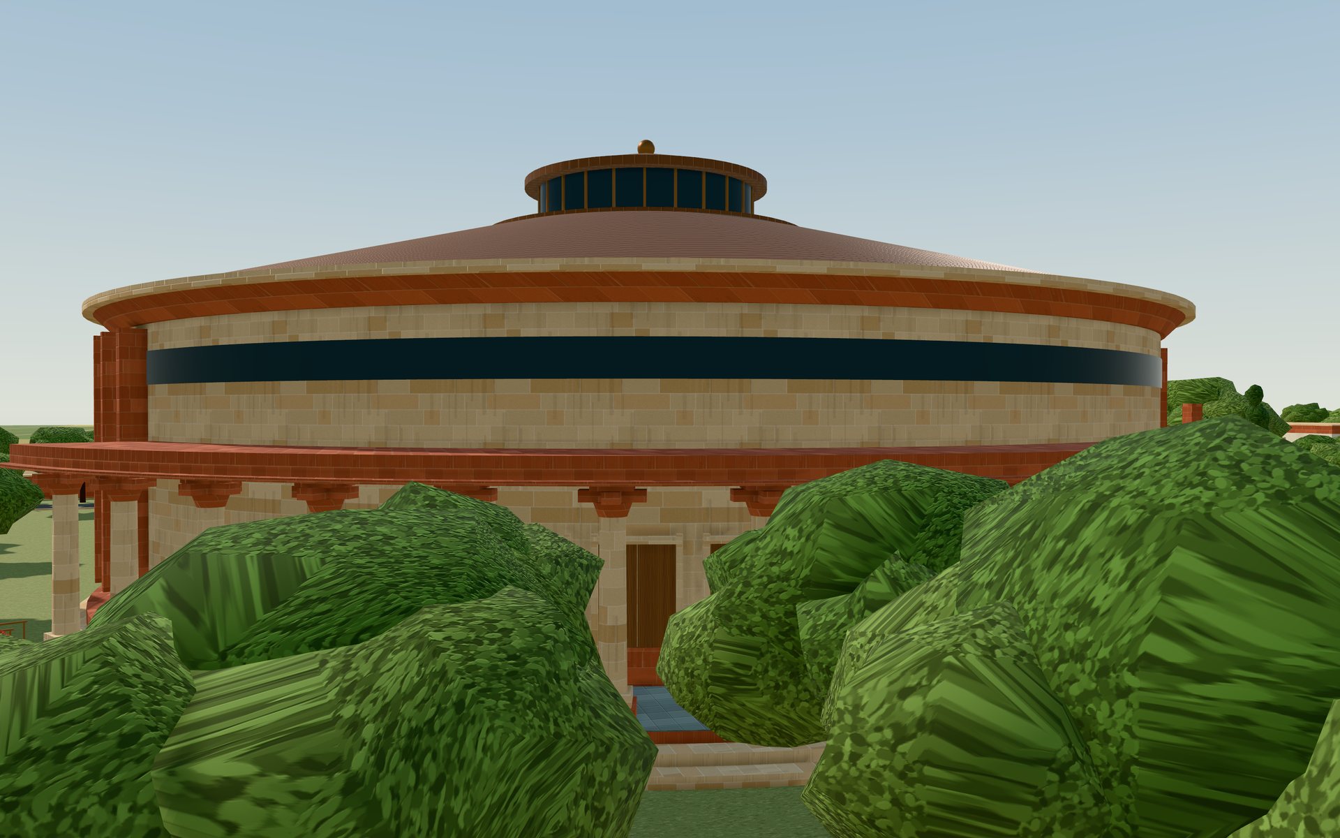The Assembly Hall drum, buff ashlar wrapped in red stone fins under a copper roof