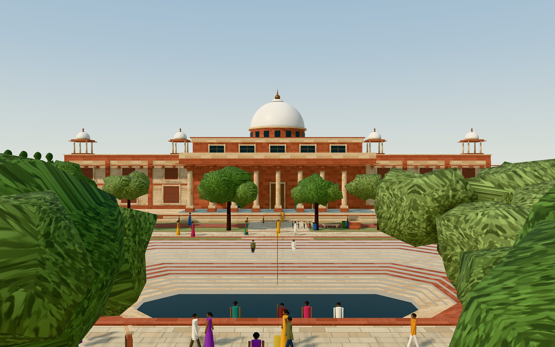 The south front of the Great Library across the tank, under a white marble dome