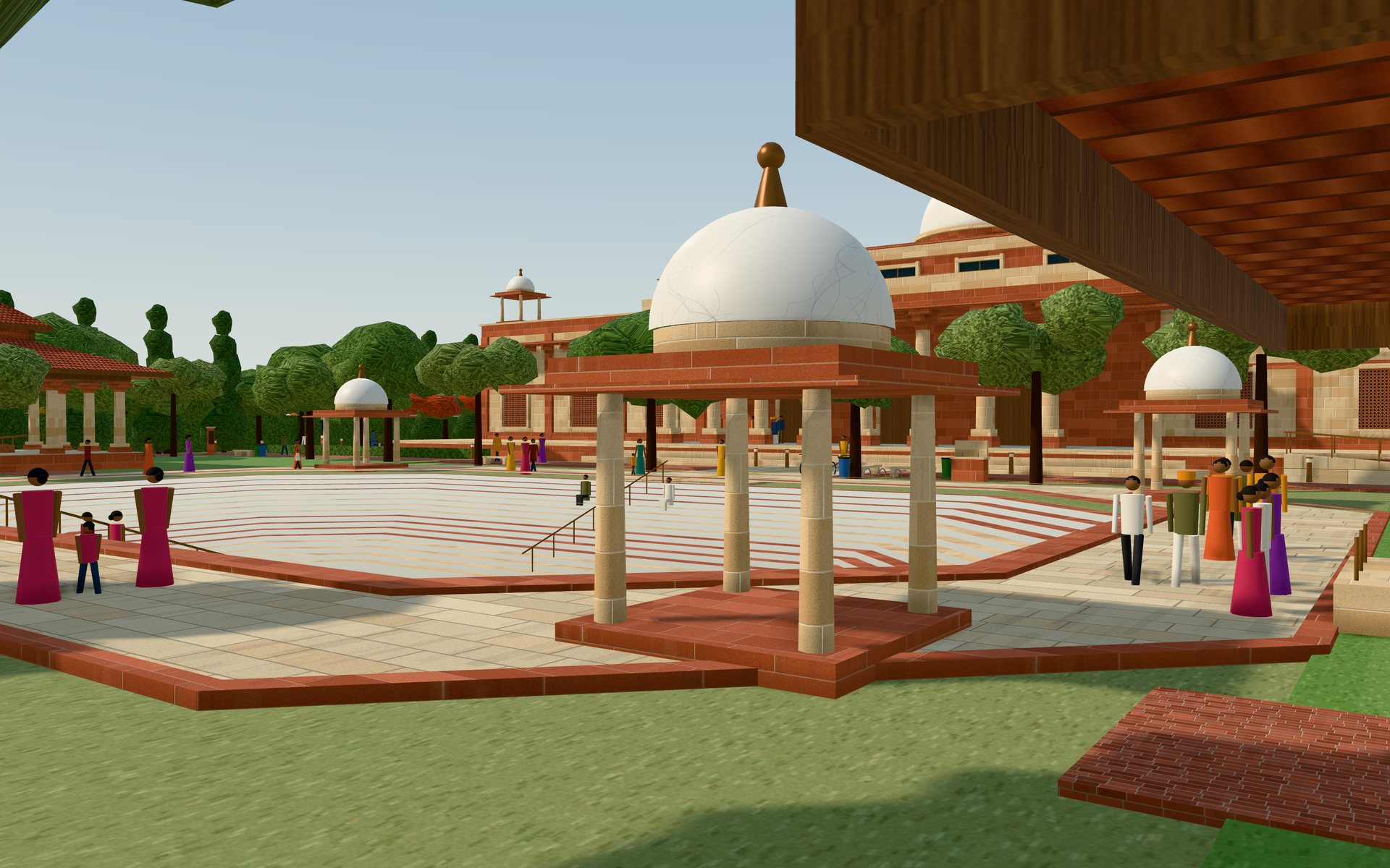 The flagstone parikrama walk around the tank, with a corner chhatri standing on the walk