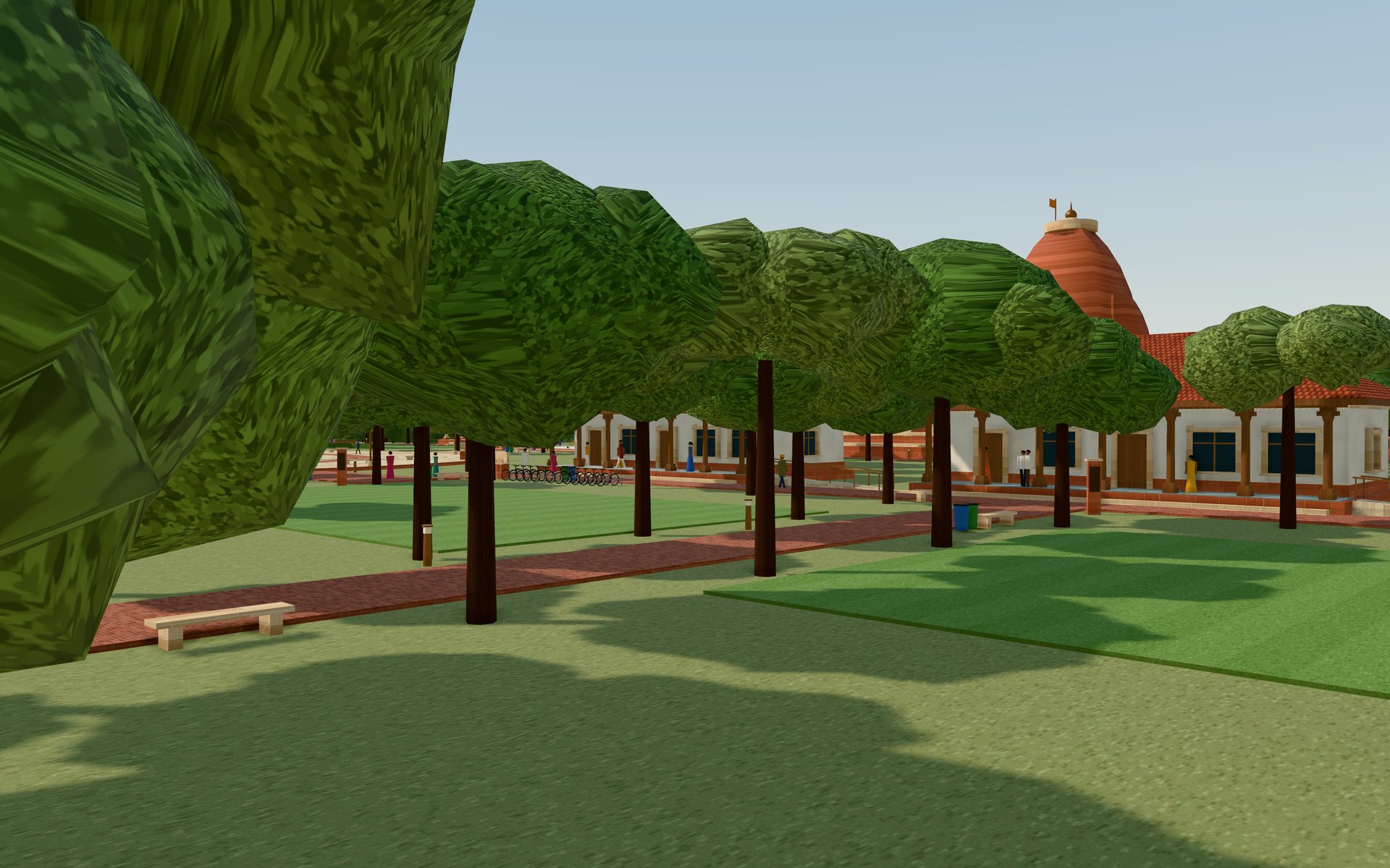Lime-plastered classroom pavilions with clay-tile eaves beside the teaching lawns