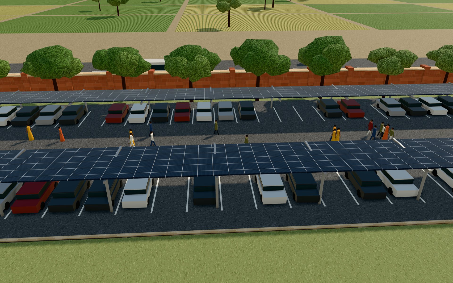 The car park under a long solar carport, with a zebra walkway leading toward the Assembly Hall