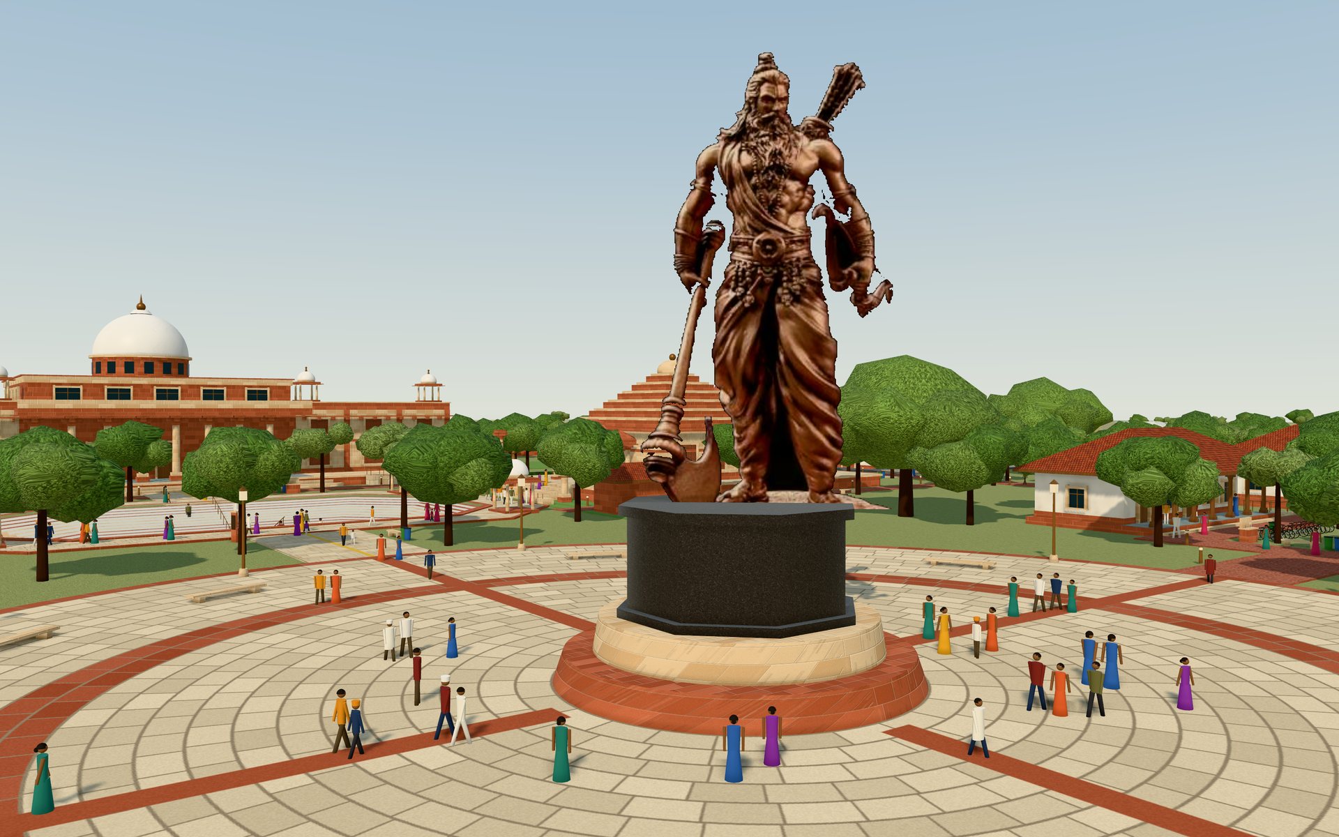 Inside the circular plaza, flags laid in concentric rings around the statue