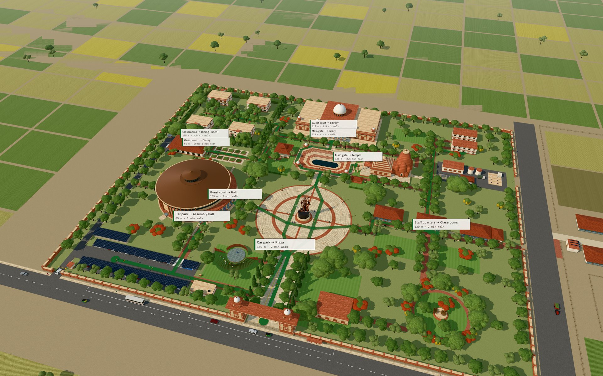 Aerial view of the campus with the everyday walking routes drawn in green and labelled with distances and walking times