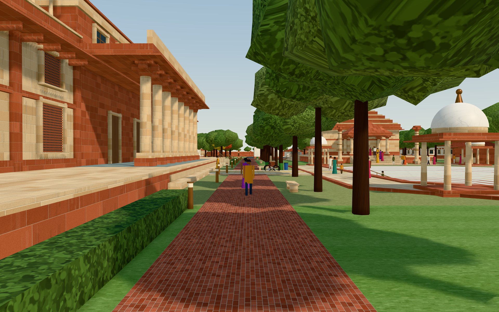 A brick path lined with neem and sheesham trees, with the path in shade