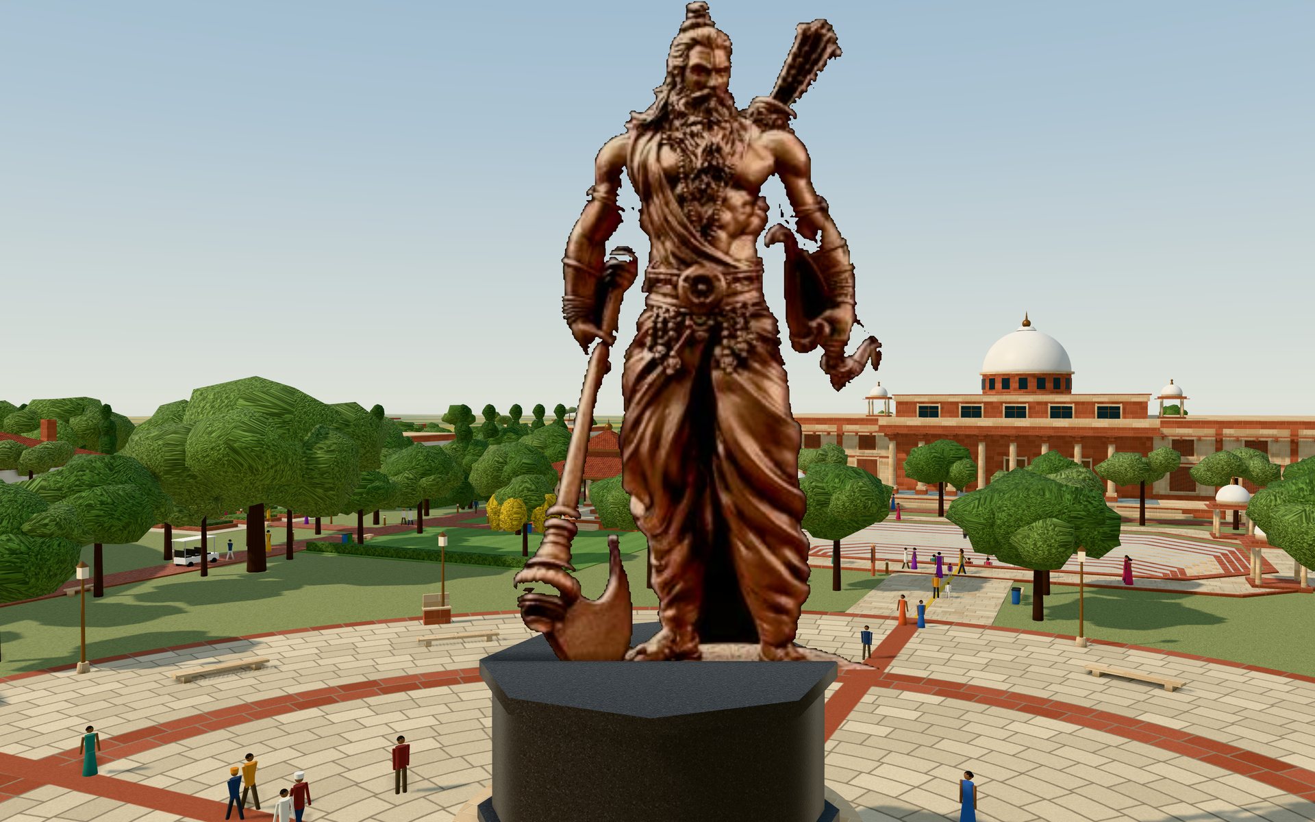 The statue of Bhagawan Parashurama on a black granite octagon in the plaza