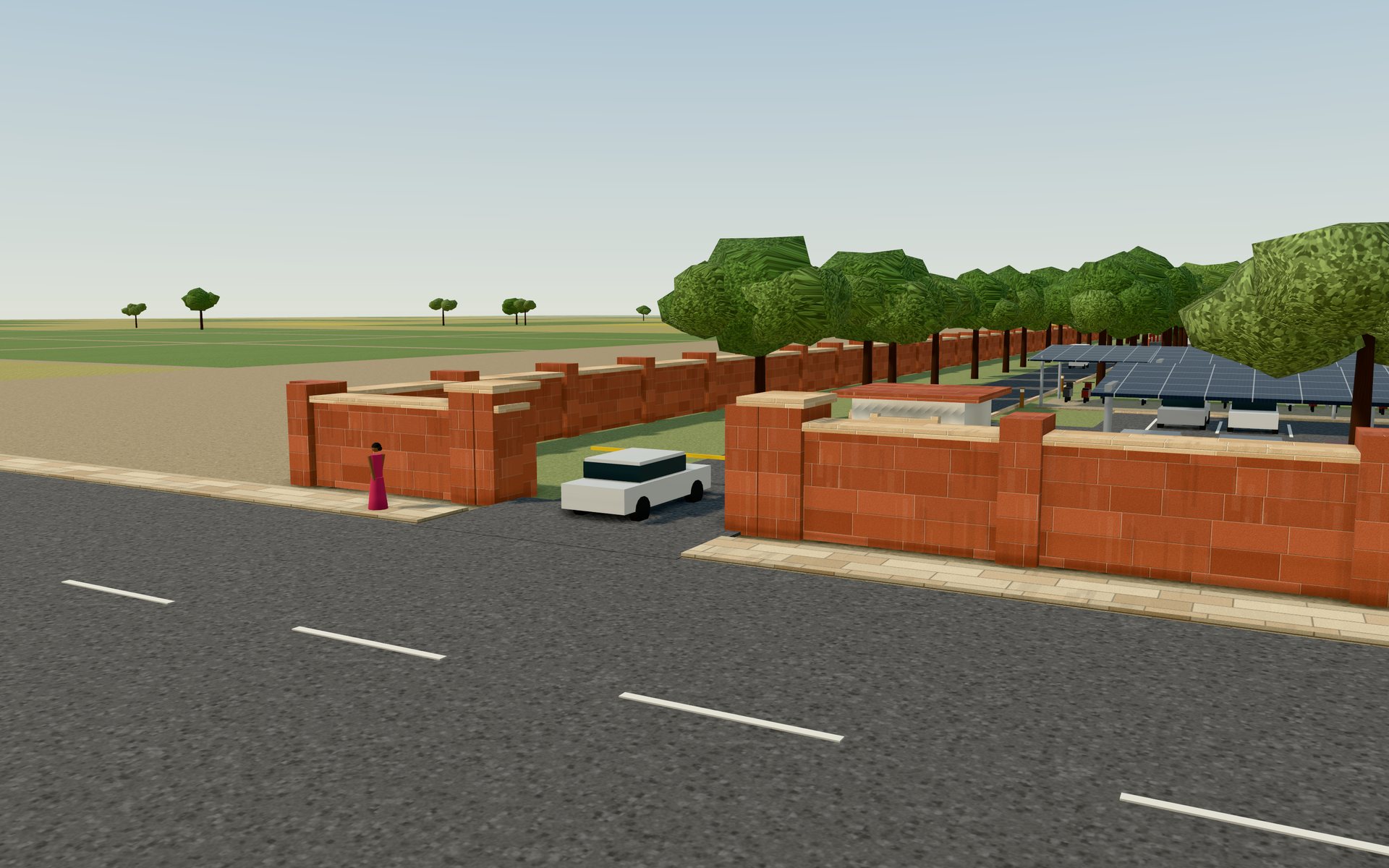 The south-west vehicle gate in the boundary wall, with a guard cabin and the service drive beyond