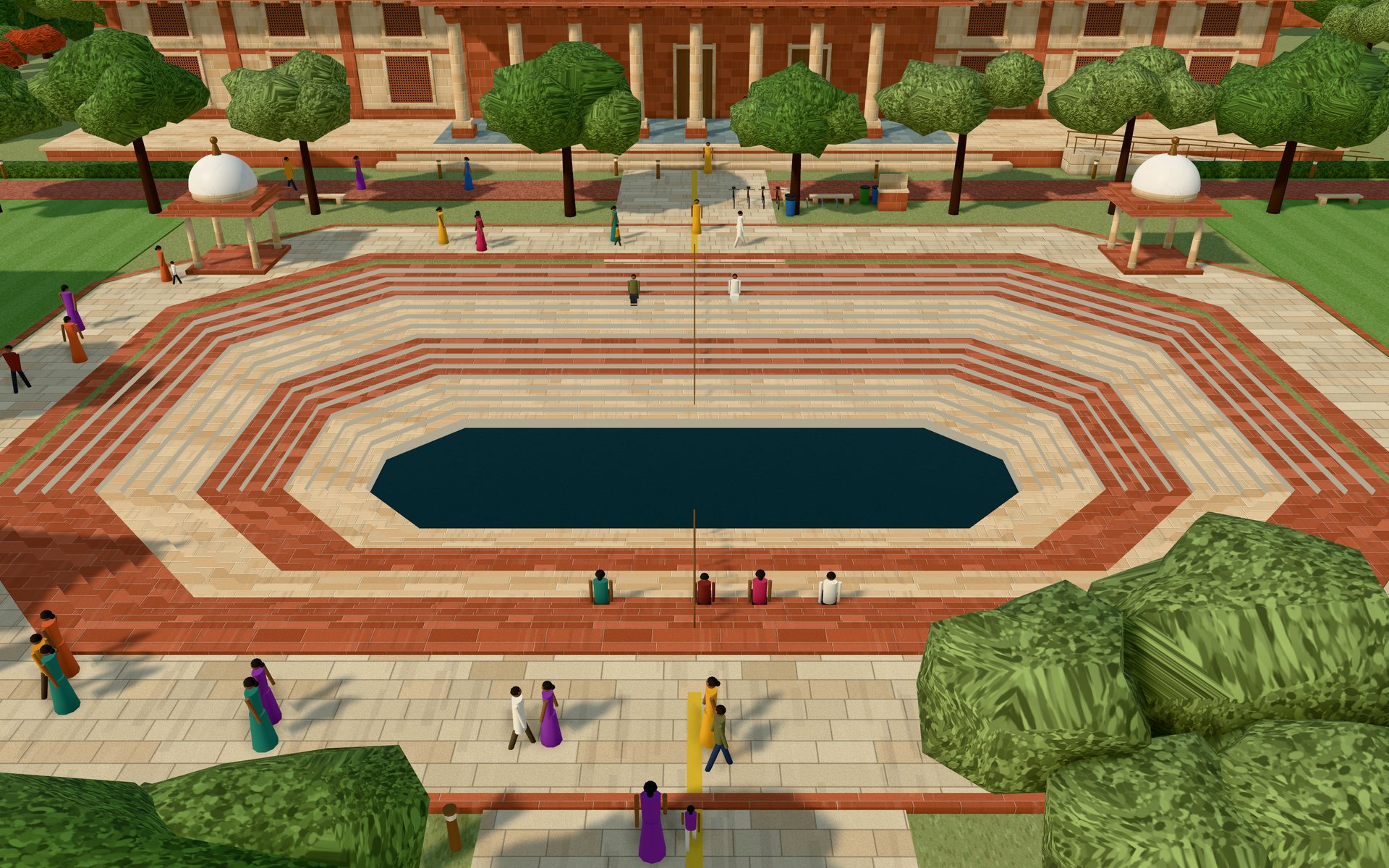 The stepped octagonal tank from above, alternating red and buff steps, with corner chhatris