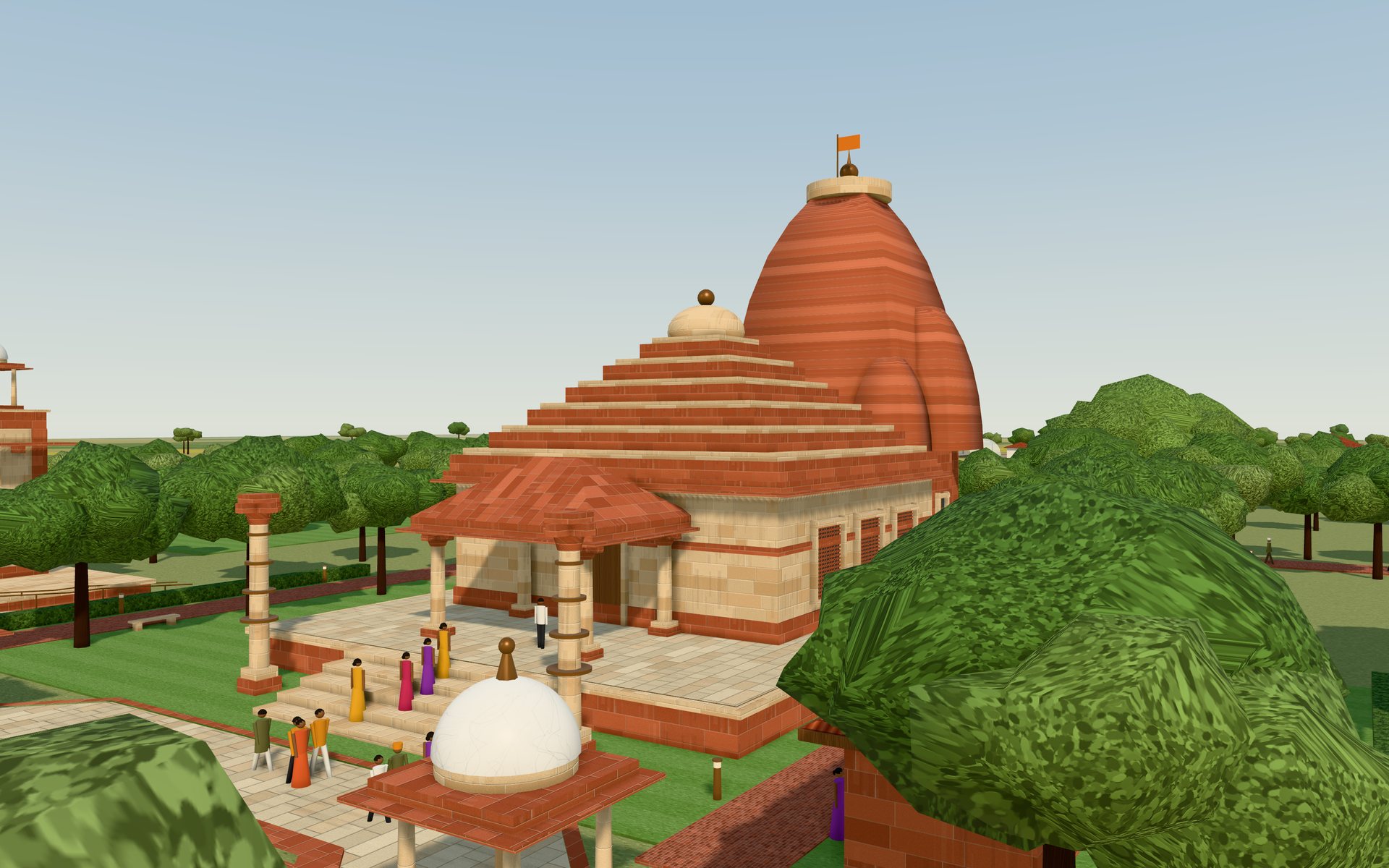 The Nagara temple across the tank: a red sandstone shikhara over a stepped mandapa on a raised jagati