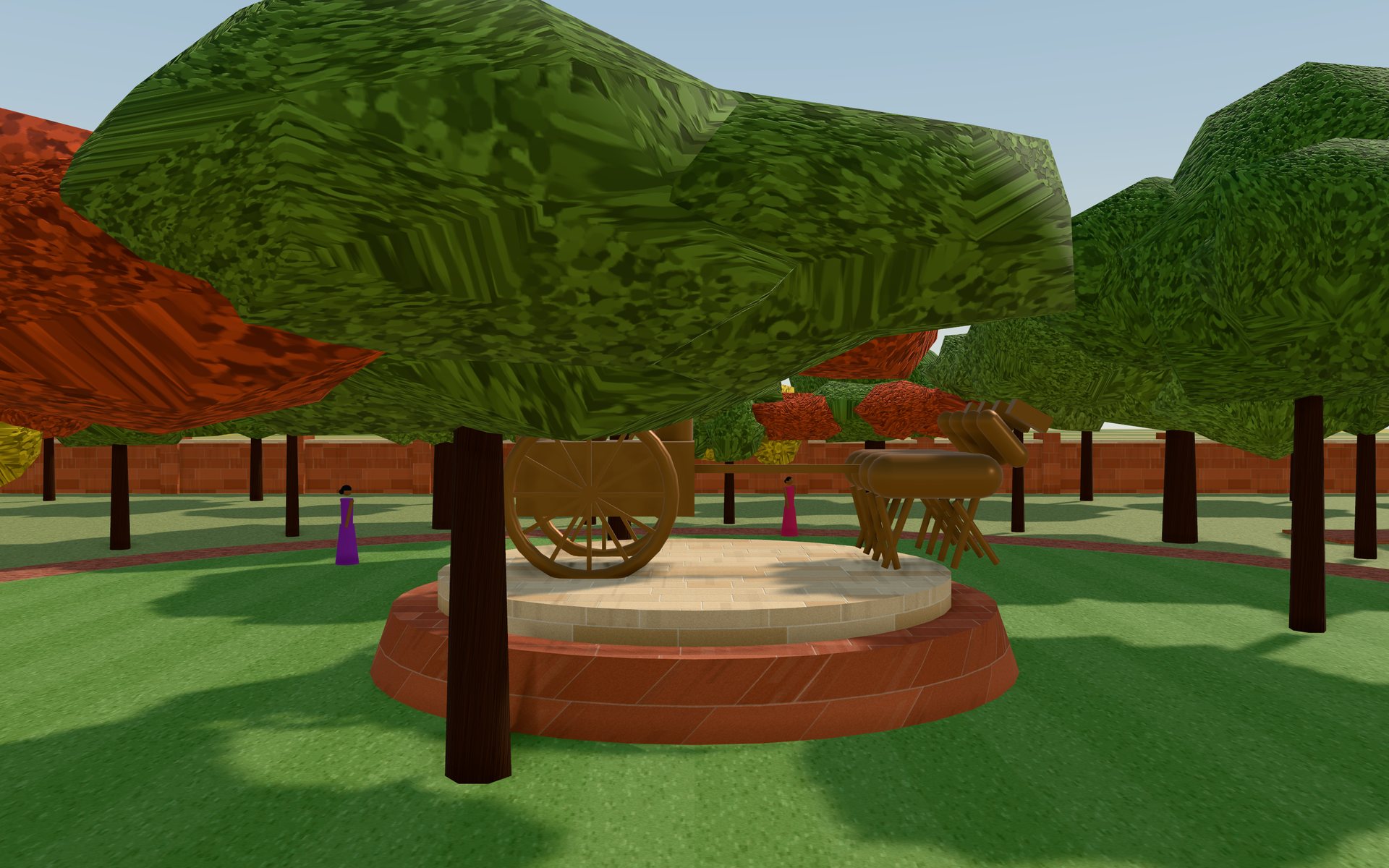 The Nakshatra Vana: a ring of trees around a bronze of Krishna and Arjuna in the chariot