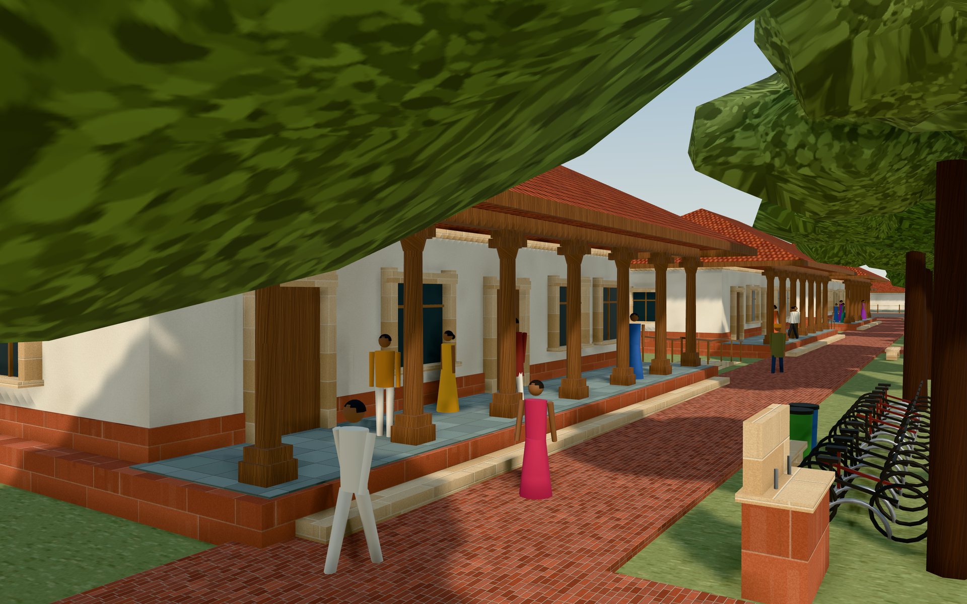A classroom veranda with teak posts under a deep tile eave