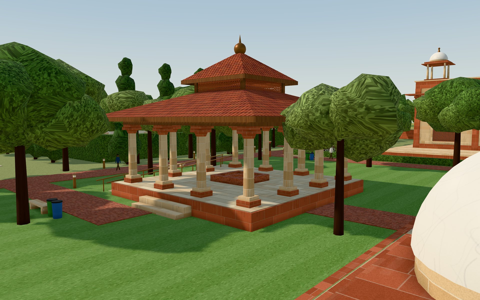 The yagshala: an open pavilion of twelve columns under a two-tier clay-tile roof